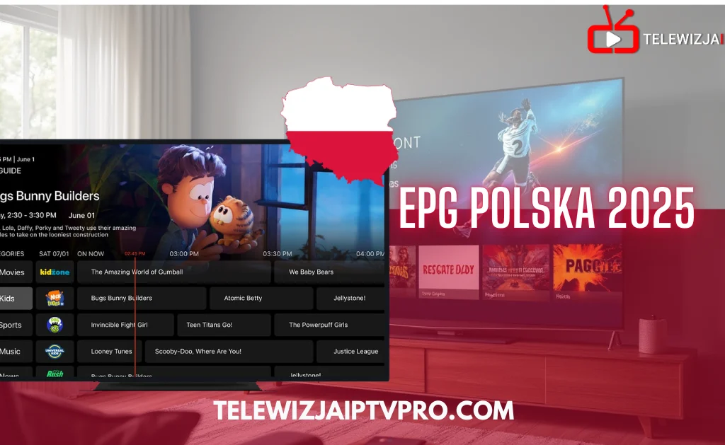 Widok EPG IPTV Polska 2025 z kreskówkami i kategoriami kanałów – obraz promujący telewizję IPTV 2025