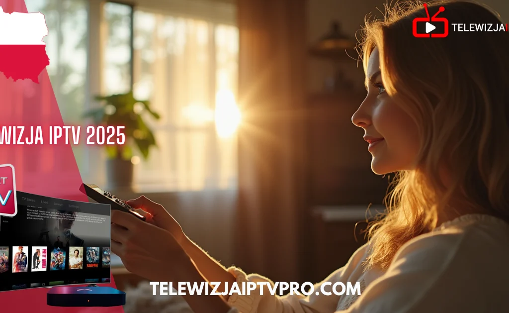 Kobieta oglądająca telewizję przez Telewizja IPTV Pro w jakości 4K – nowoczesne rozwiązania IPTV w Polsce 2025