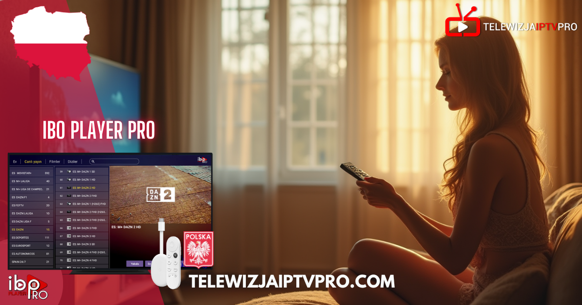 Kobieta korzystająca z aplikacji IBO Player Pro do oglądania polskiej telewizji IPTV w jakości HD i 4K